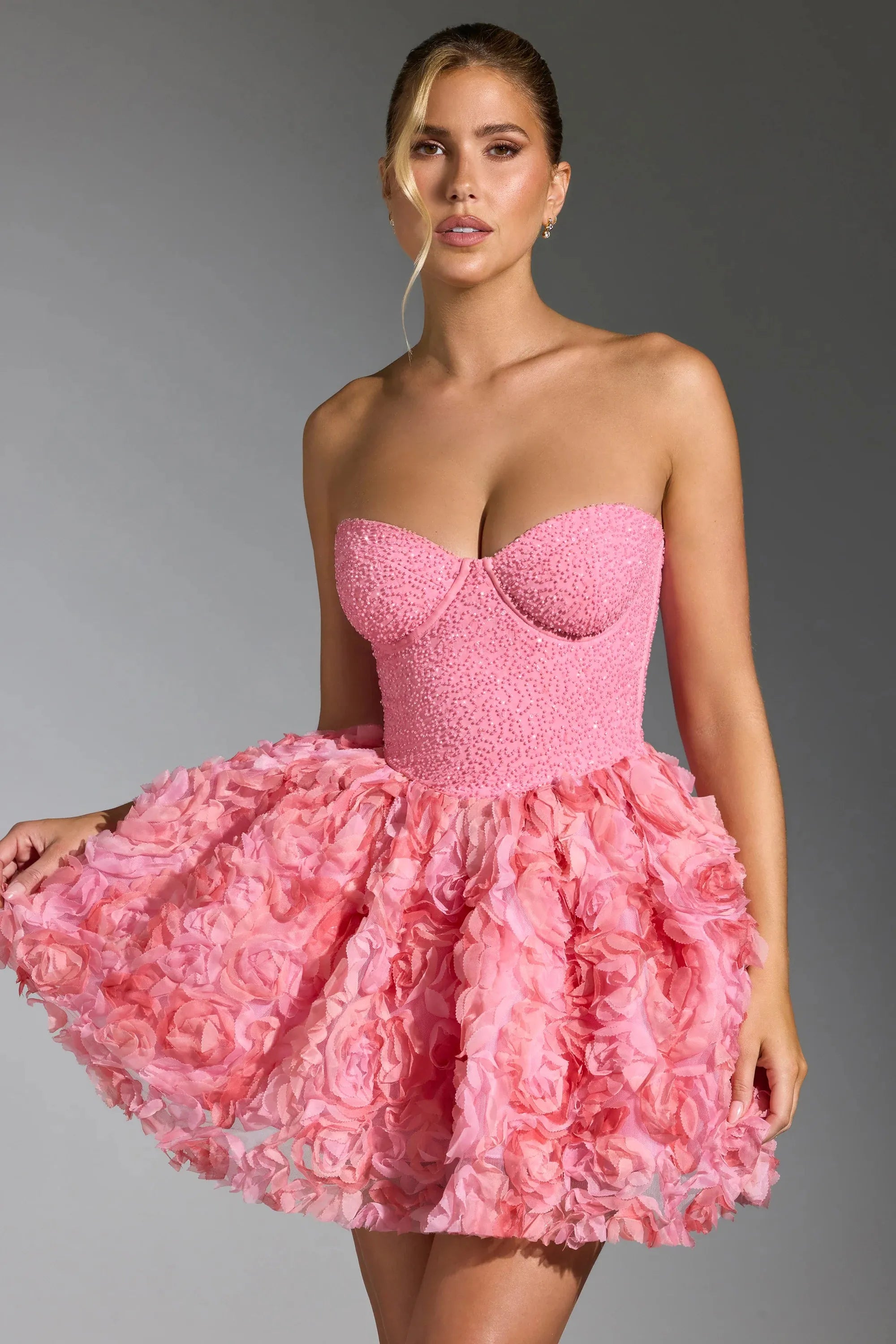 Embellished Floral-Appliqu¨ Lace-Up Mini Dress in Pink