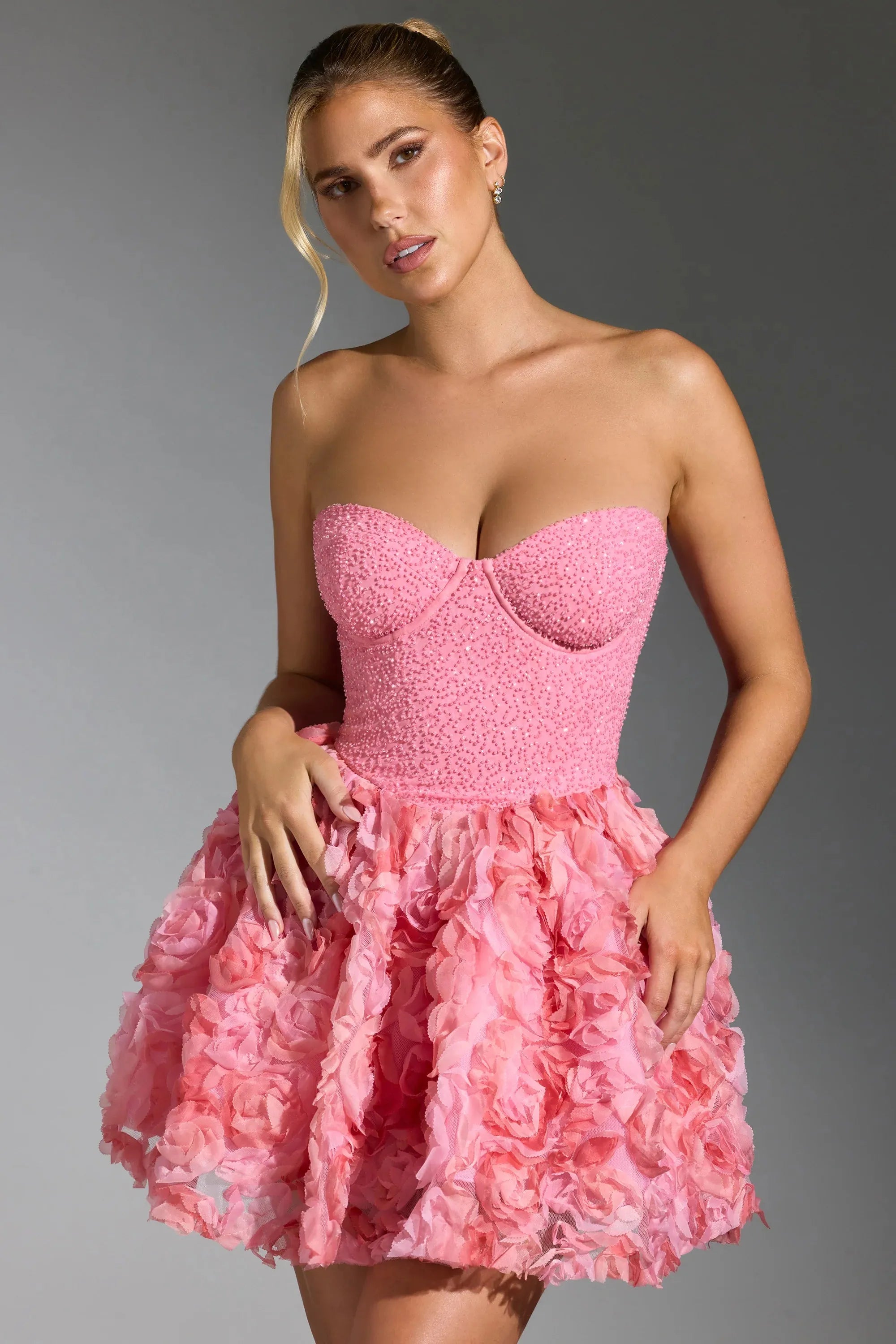 Embellished Floral-Appliqu¨ Lace-Up Mini Dress in Pink