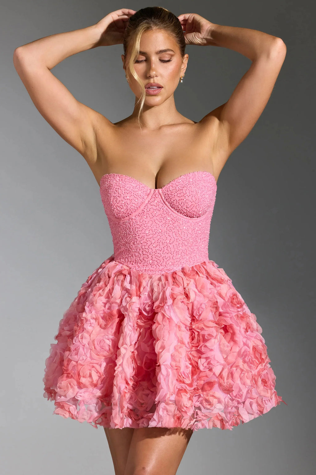 Embellished Floral-Appliqu¨ Lace-Up Mini Dress in Pink