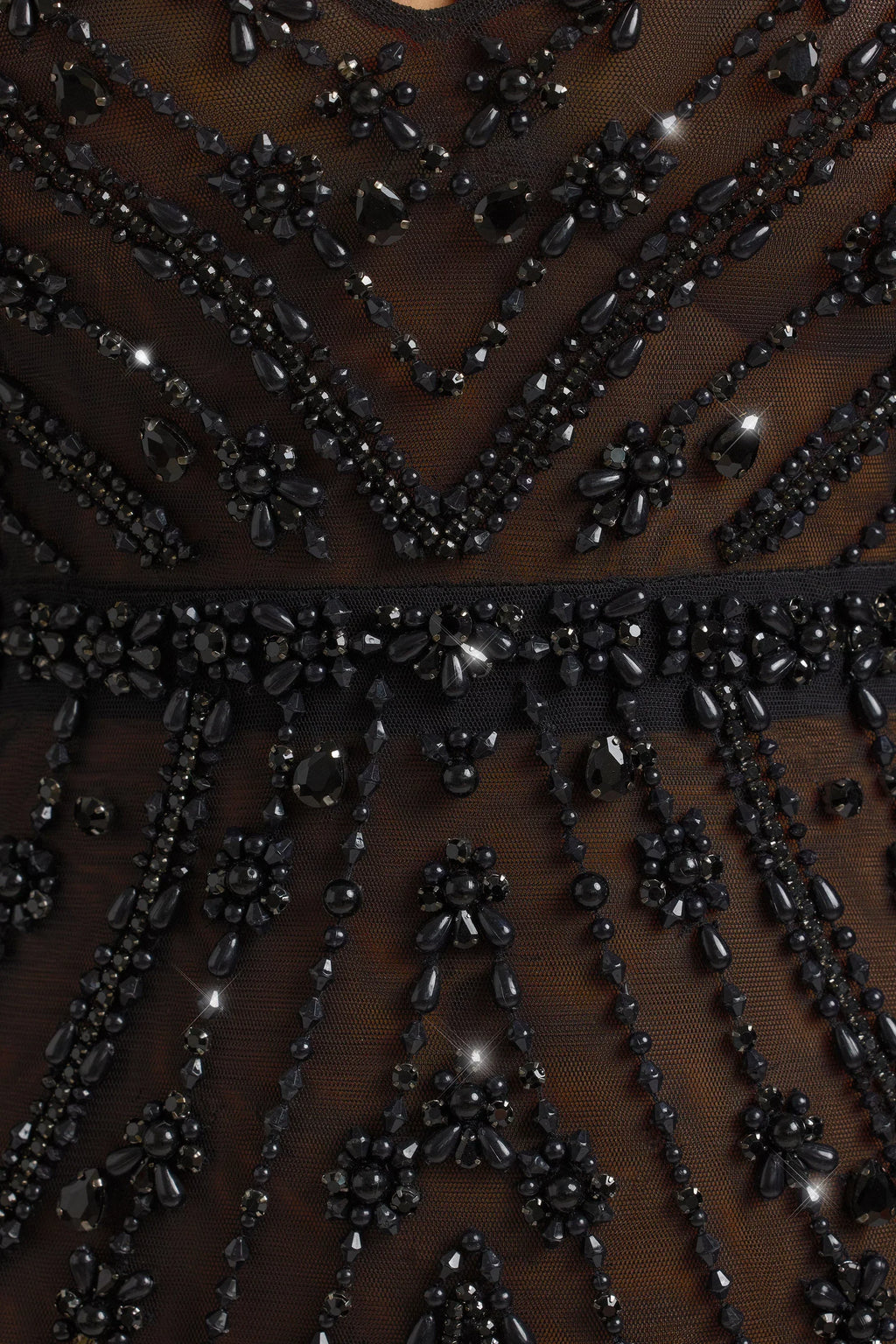 Hand Embellished Sheer Evening Gown in Black