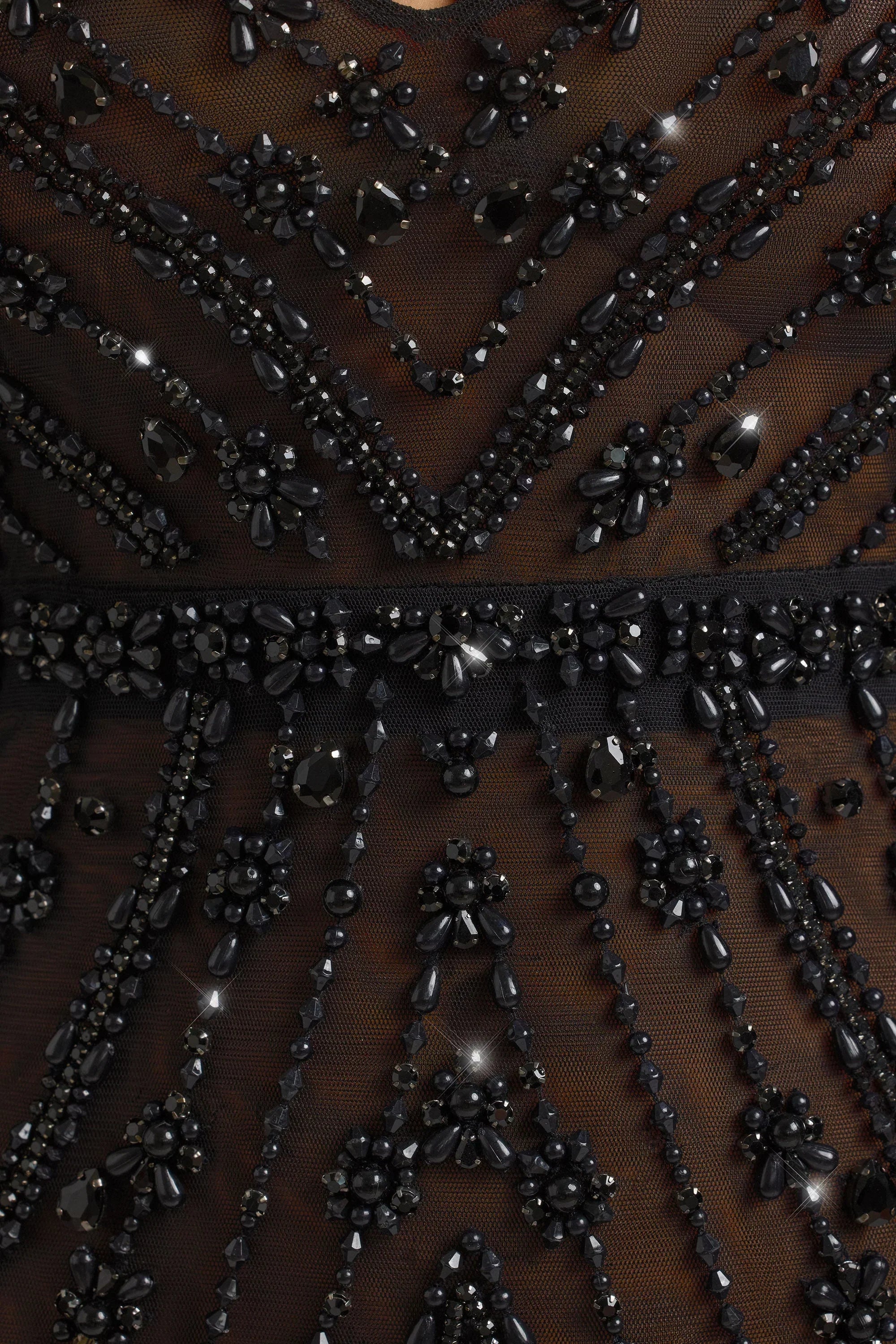 Hand Embellished Sheer Evening Gown in Black