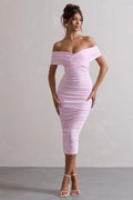 Pink Ruched Twist Bardot Midi Dress