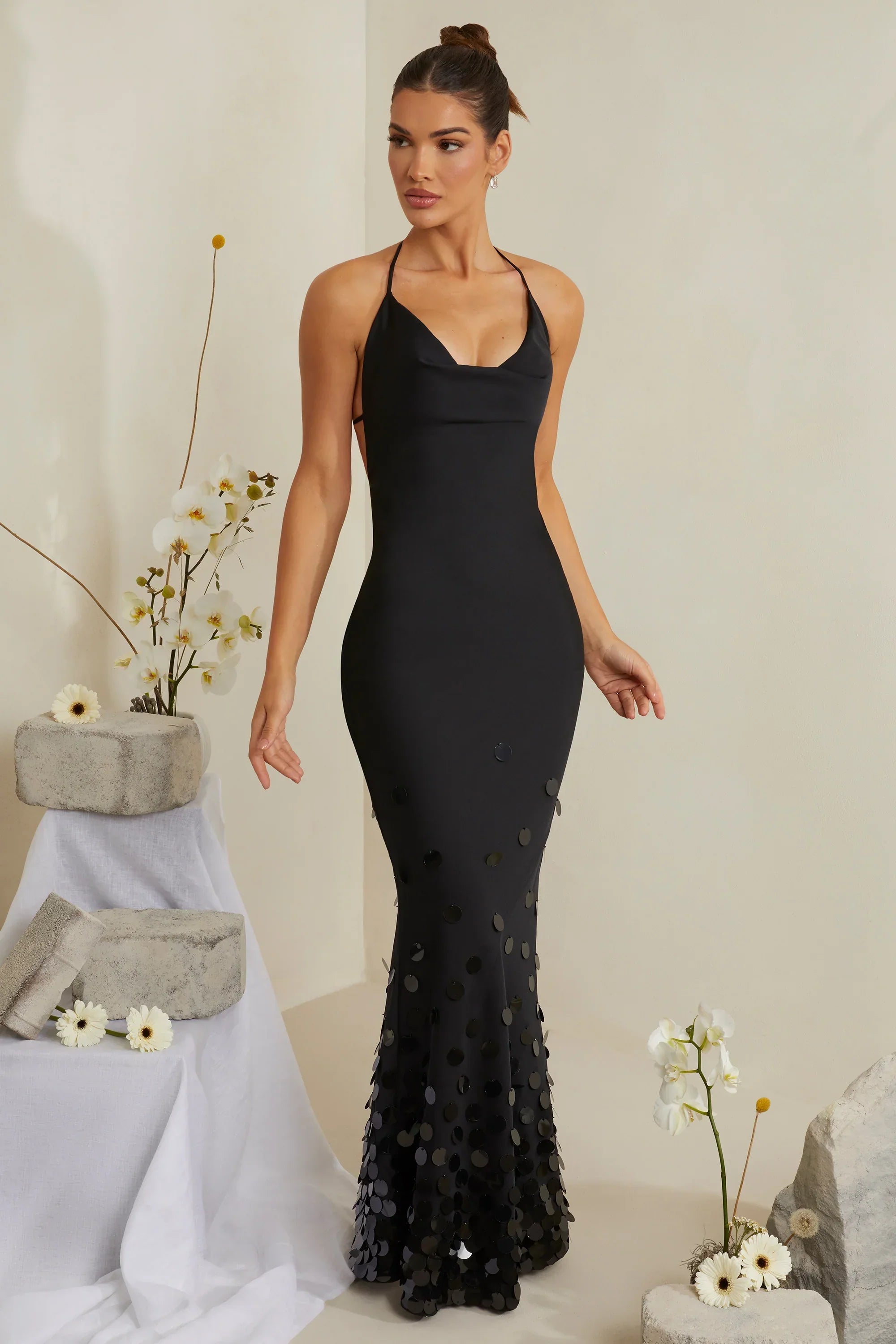 Cowl Neck Embellished Satin Maxi Dress in Black
