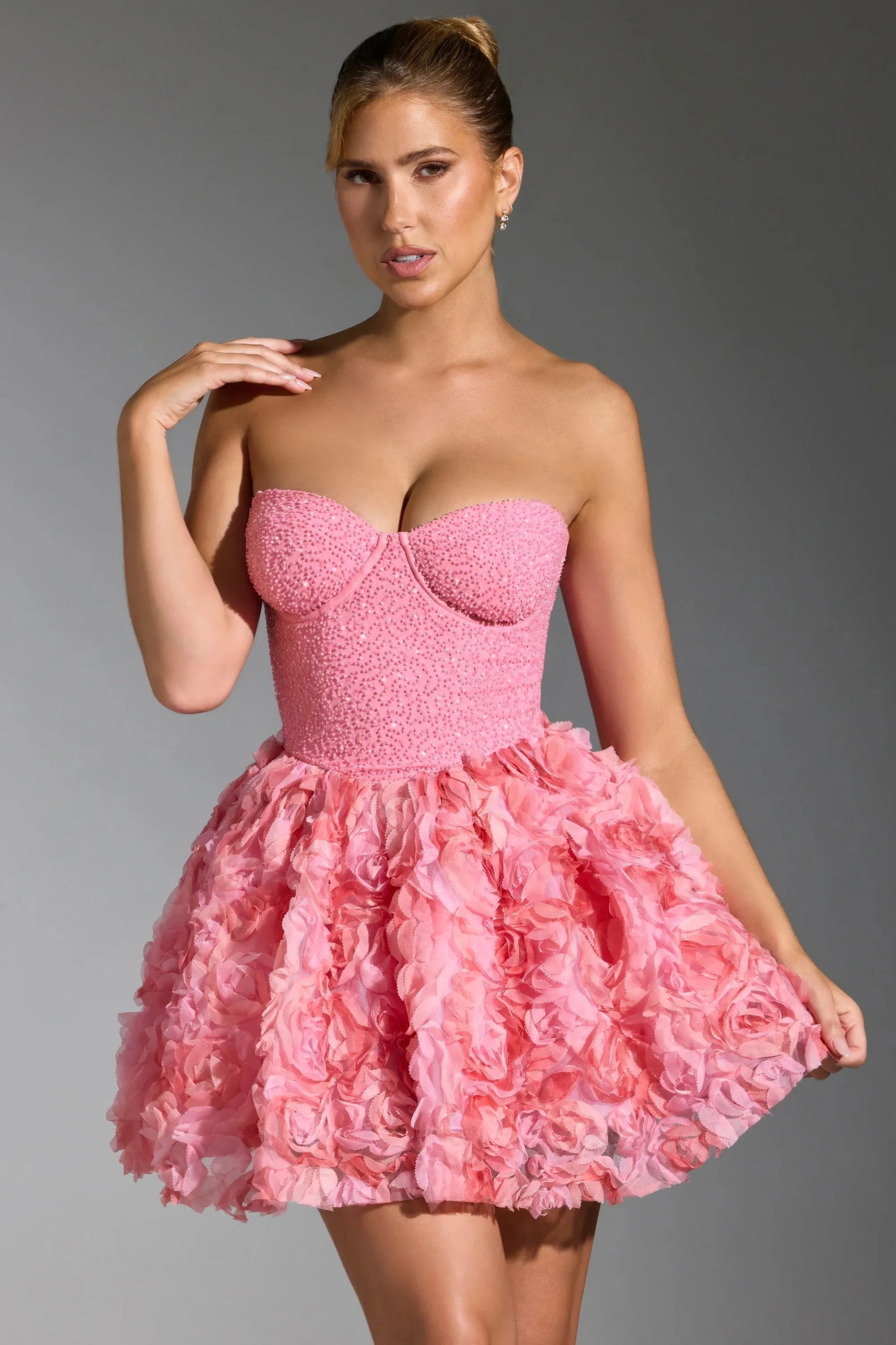 Embellished Floral-Appliqu¨ Lace-Up Mini Dress in Pink