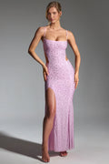 Embellished Cut-Out Fishtail Maxi Dress in Peony Pink