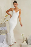 Cowl Neck Embellished Satin Maxi Dress in White