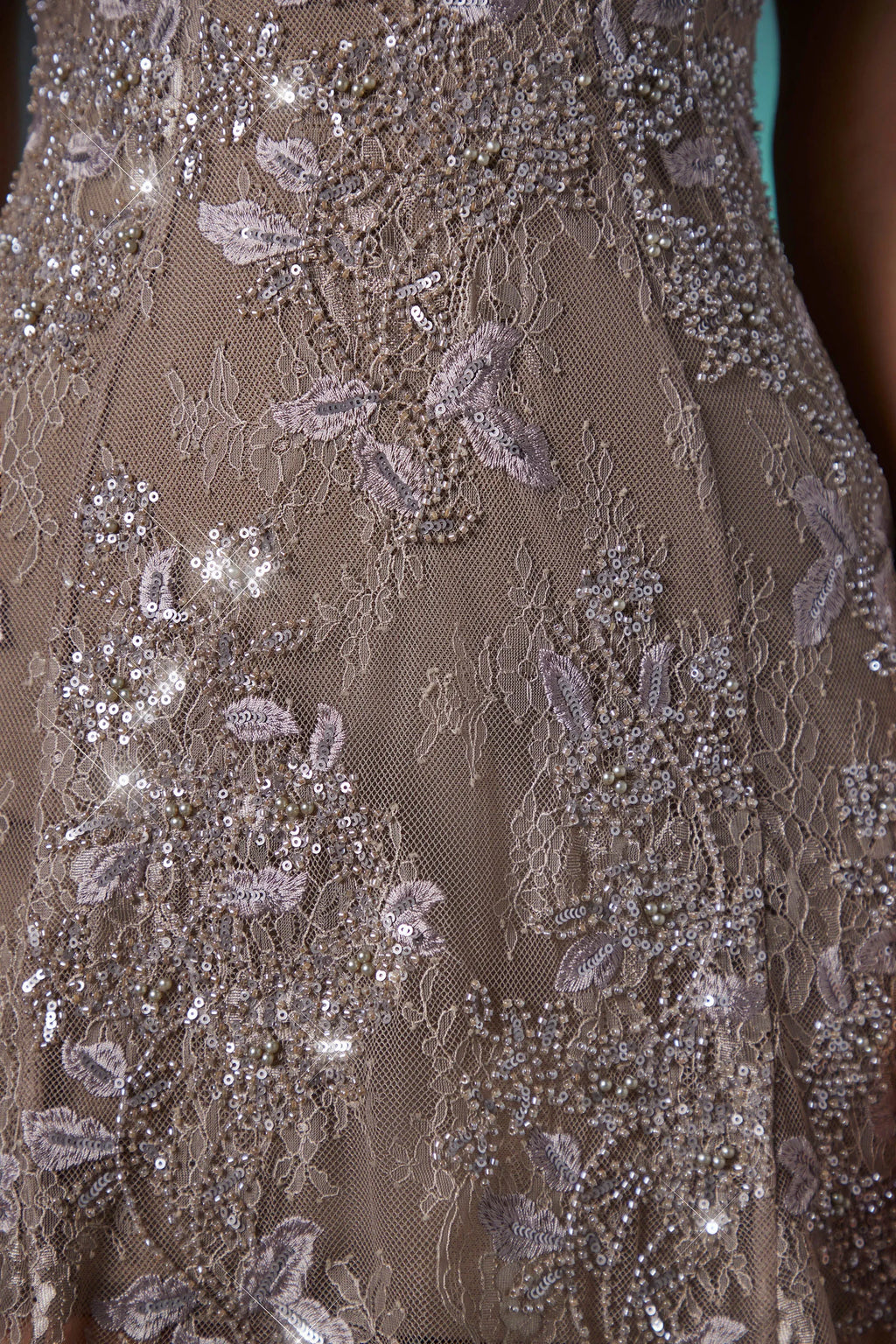 Embellished Lace Mini Dress in Taupe