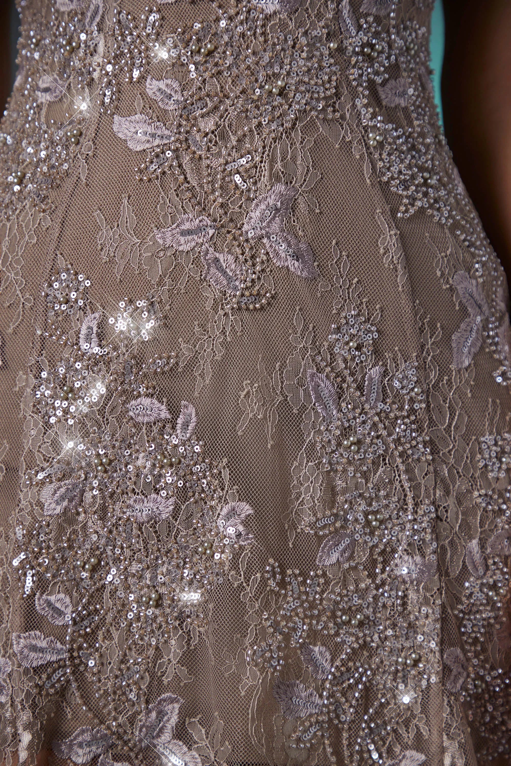 Embellished Lace Mini Dress in Taupe