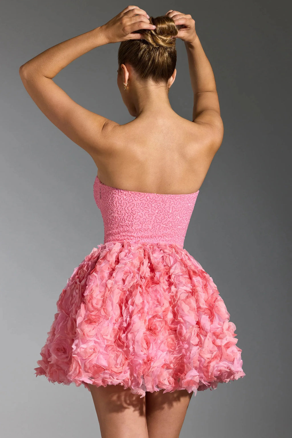 Embellished Floral-Appliqu¨ Lace-Up Mini Dress in Pink