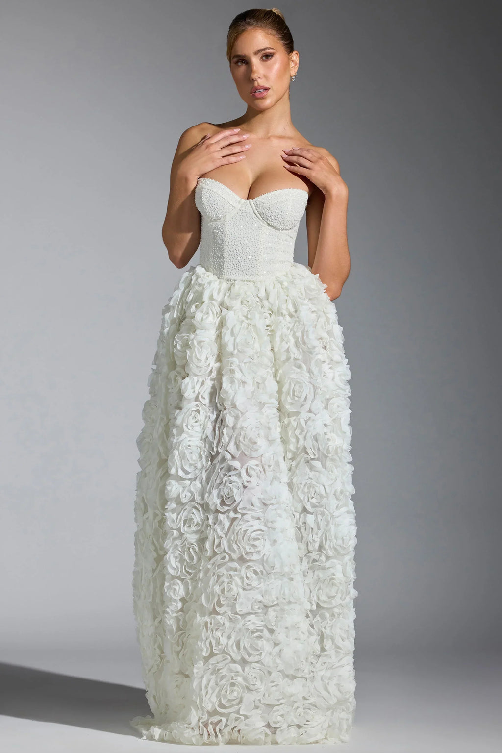 Embellished Floral-Appliqué Corset Gown in White