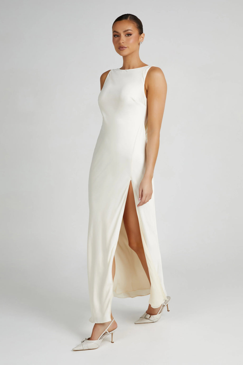 Gemima Satin Maxi Dress With Split - Ivory